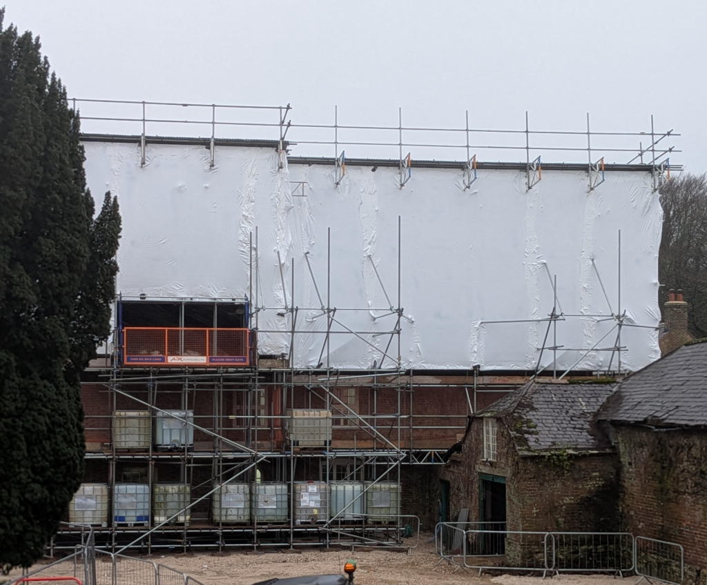 Today saw the worst possible weather conditions although work was progressing well inside the house under it's temporary roof and wrapped to protect works to windows, brickwork, roof coverings and rainwater goods.